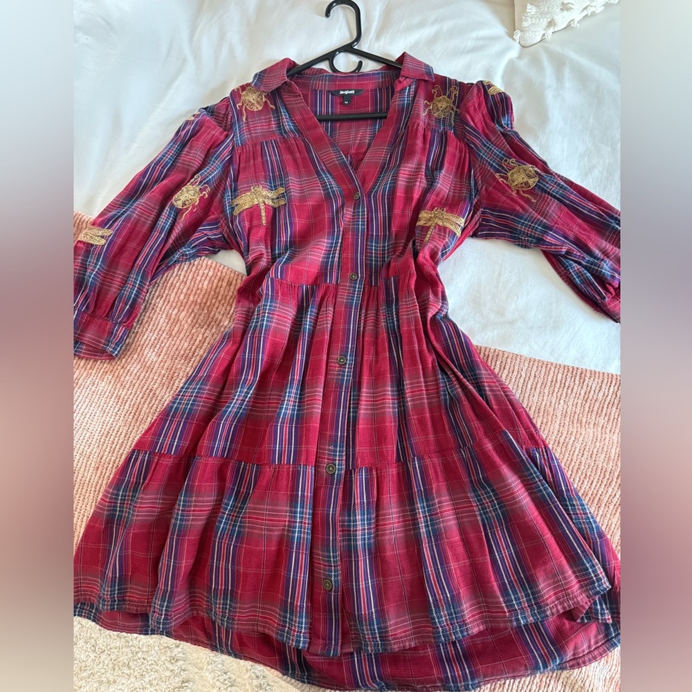 Desigual Plaid Red Dress with Embroidered Accents Size M